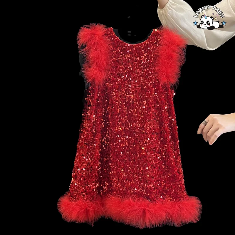 LEZONKIDS - Hot Sales Velvet Autumn Girls Vest Dress Sequin Print Feather Decoration Princess Girls Dress